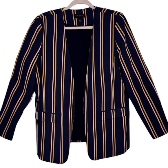 Halogen Womens Striped Yellow Pink Navy Blazer Open Front Career Business Large - Picture 2 of 7